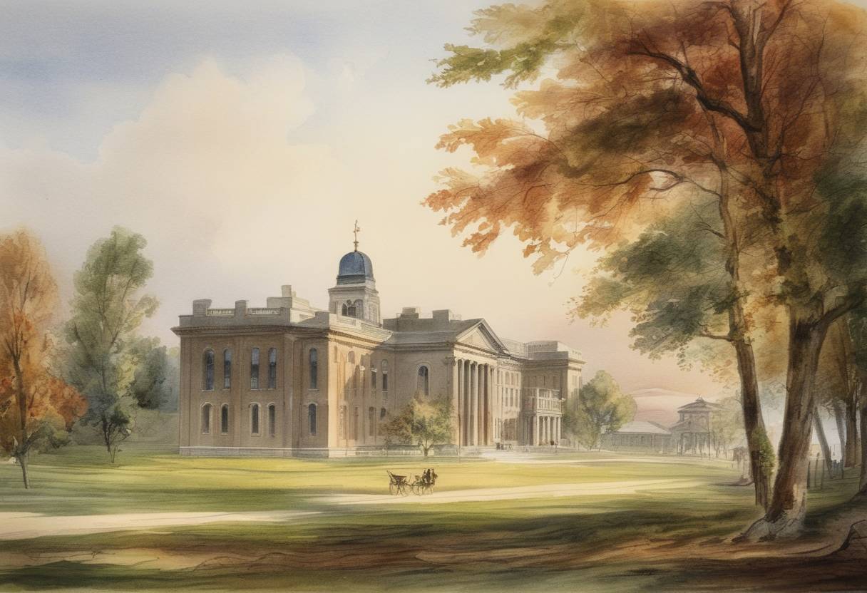 Watercolor painting based depiction of Queen's University is founded in Kingston, Ontario, by a Royal Charter from Queen Victoria. (1841)