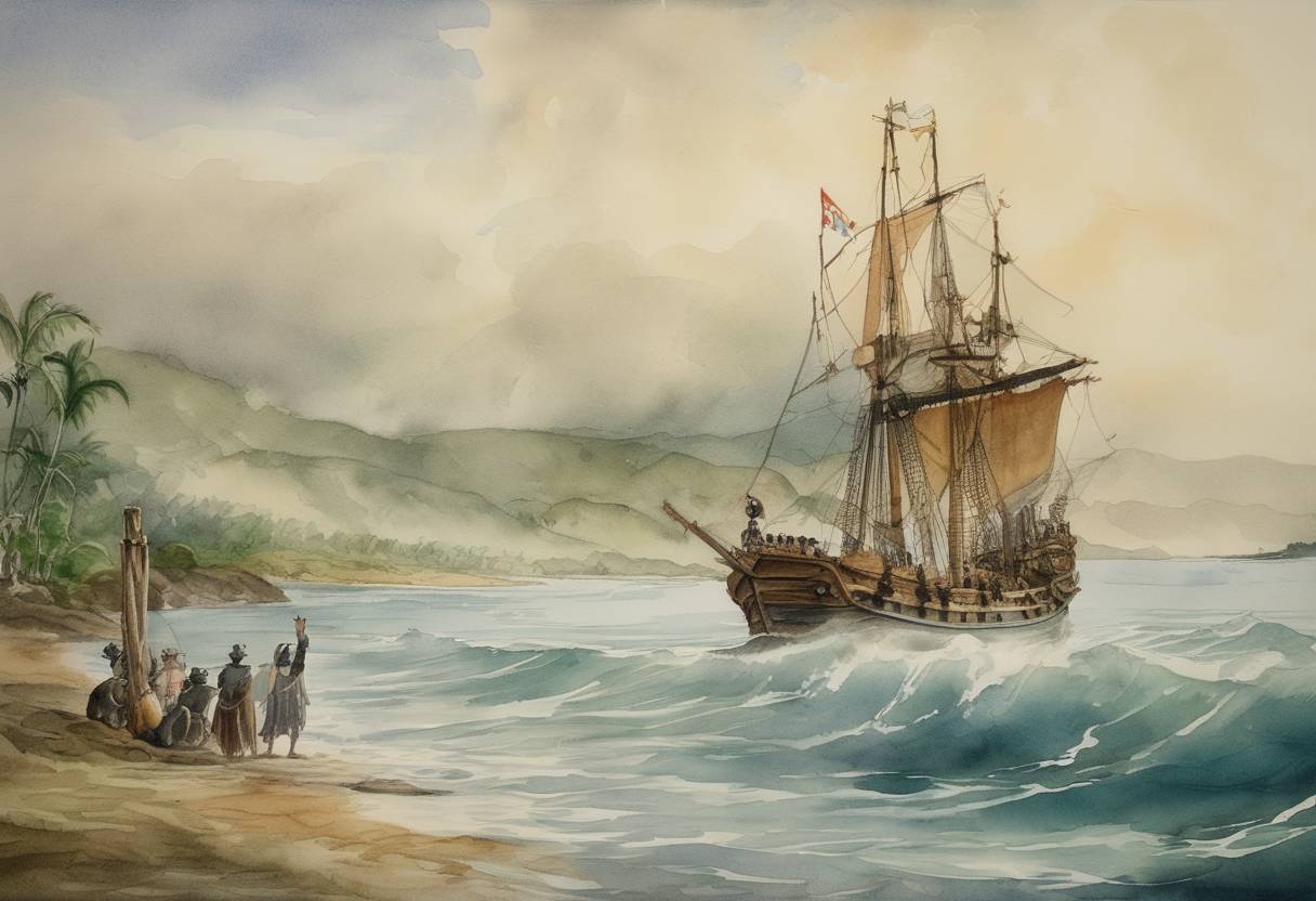 Watercolor painting based depiction of Vasco Núñez de Balboa reaches and discovers the eastern shore of the Pacific Ocean, becoming the first European to see the Pacific from its eastern side after crossing the Isthmus of Panama. (1513)