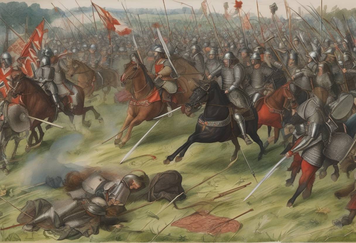 Watercolor painting based depiction of The Second Battle of Stoke Field, which effectively ended the Wars of the Roses, took place between supporters of Henry VII and Yorkist forces. (1487)