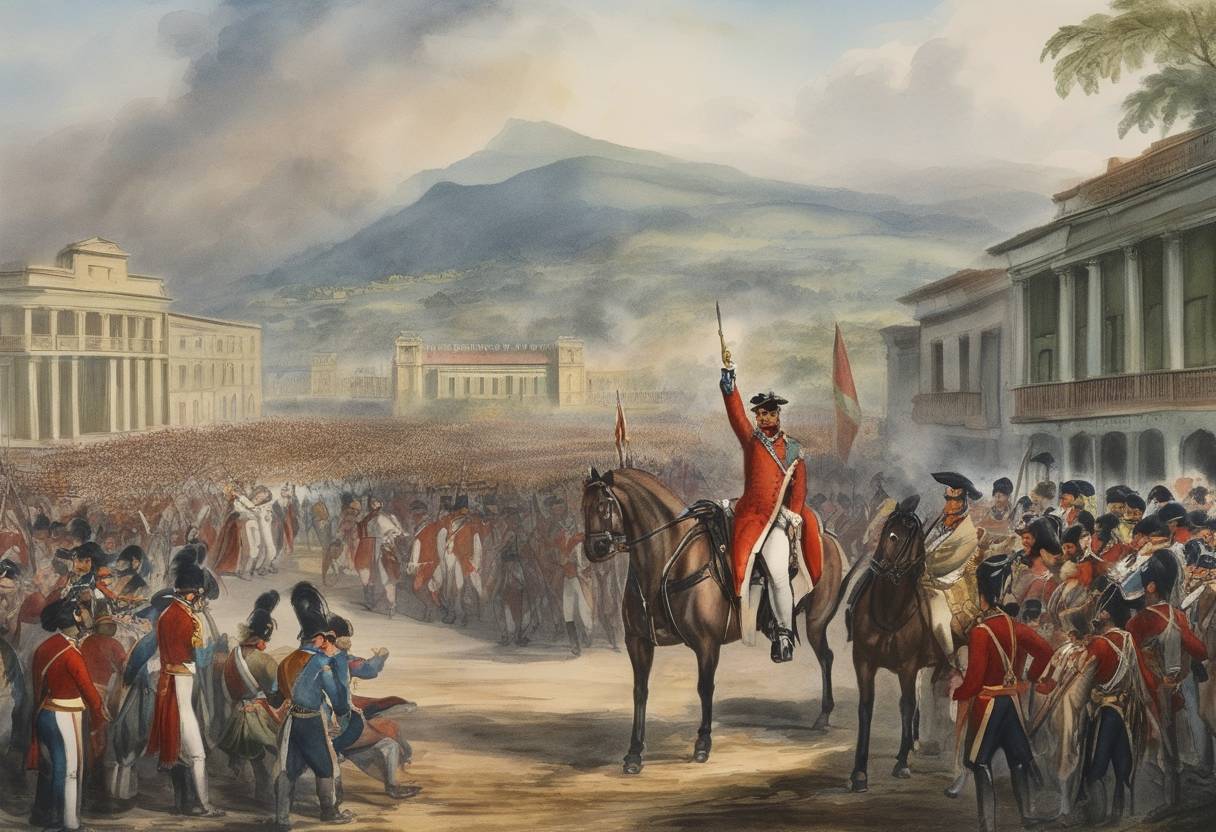 Watercolor painting based depiction of Simón Bolívar triumphantly enters Bogotá after defeating the Spanish in the Battle of Boyacá, a crucial event in the Spanish American wars of independence. (1819)
