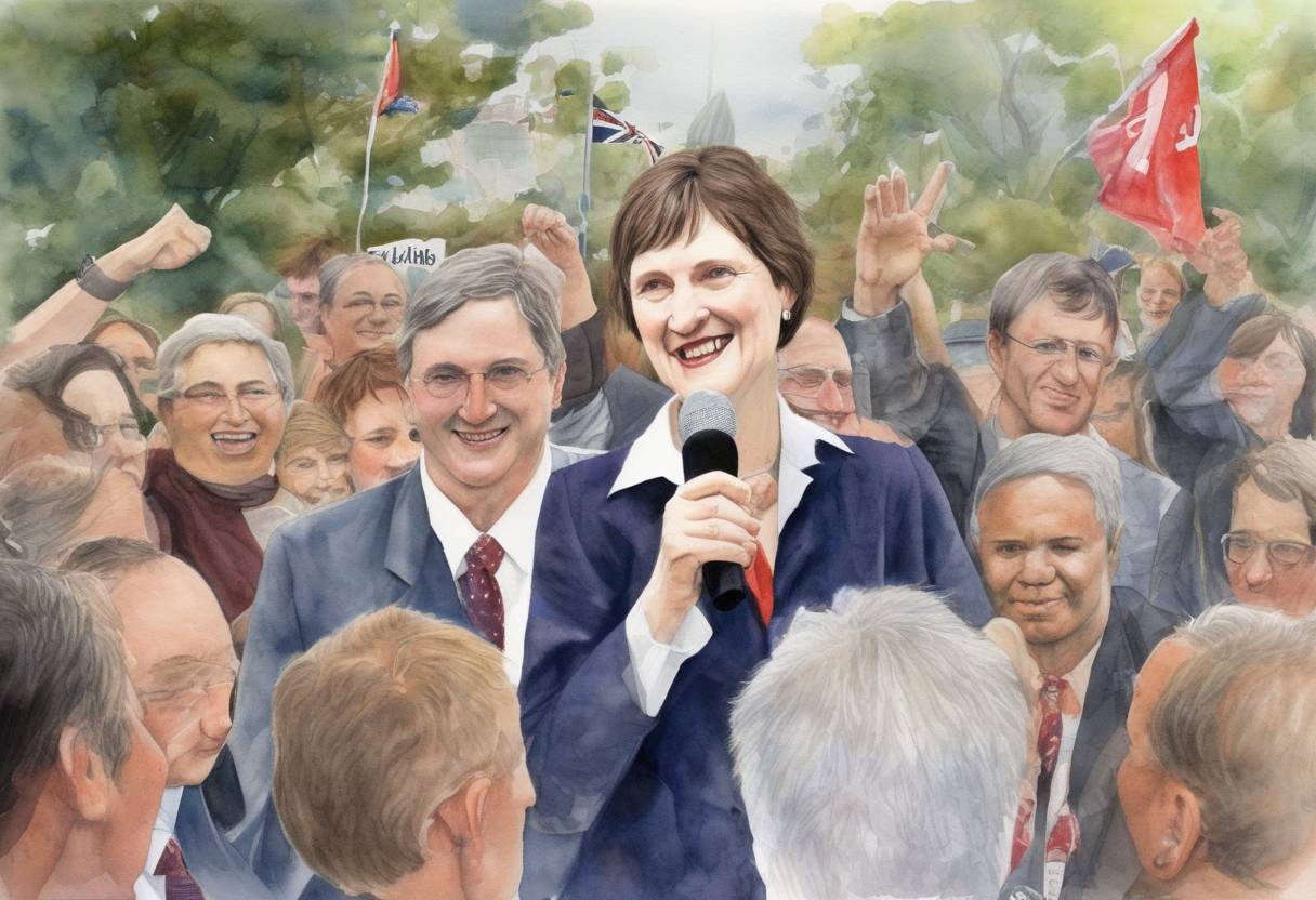 Watercolor painting based depiction of The Labour Party in New Zealand, led by Helen Clark, won the general election, making her the first elected female Prime Minister of the country. (1999)
