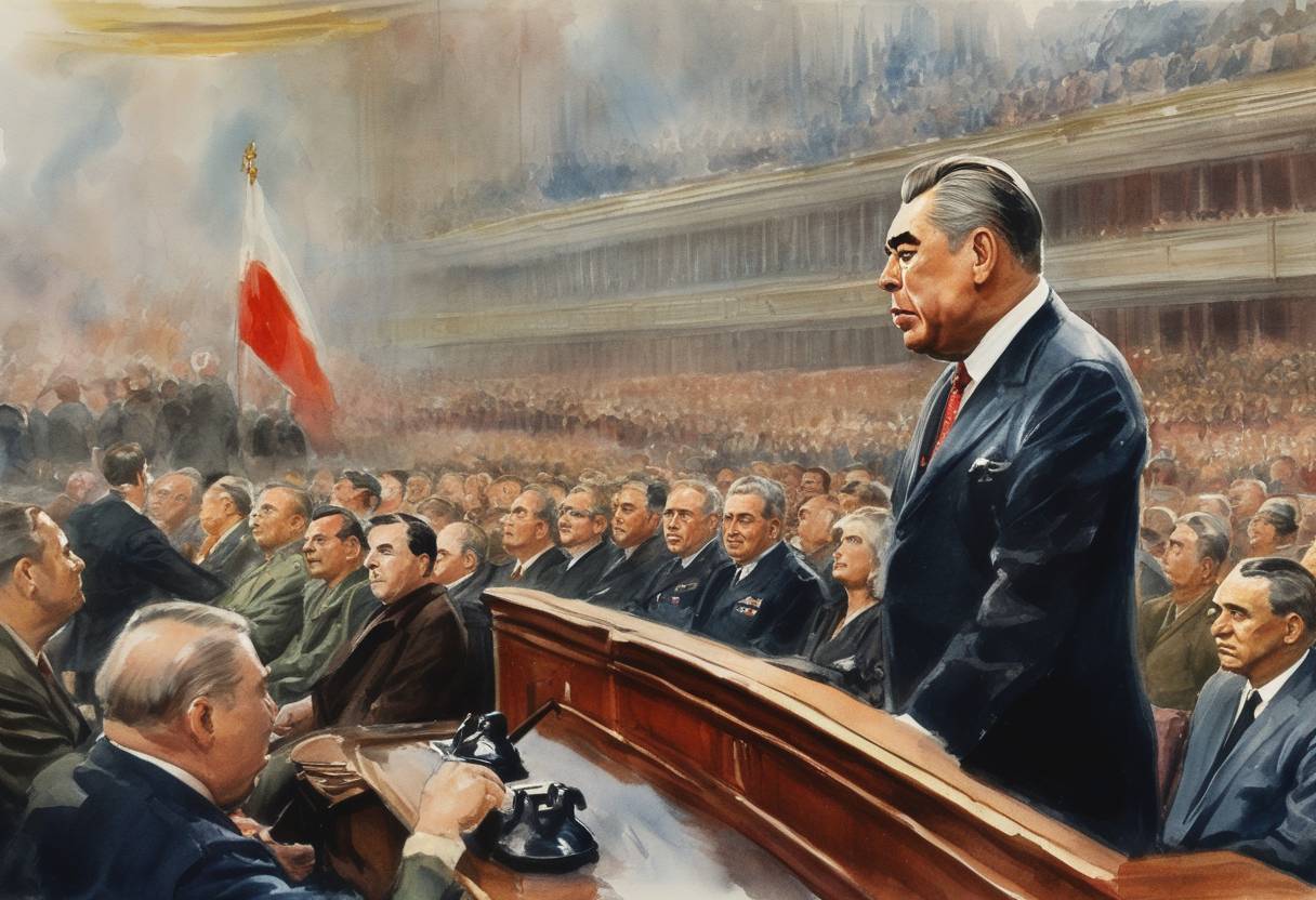 Watercolor painting based depiction of Leonid Brezhnev becomes the President of the Presidium of the Supreme Soviet, the nominal head of state of the Soviet Union. (1960)