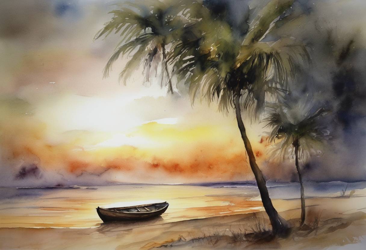 Watercolor painting based depiction of The first season of Survivor ends with Richard Hatch as the winner. This reality television show became a cultural phenomenon, significantly influencing the genre in subsequent years. (2000)