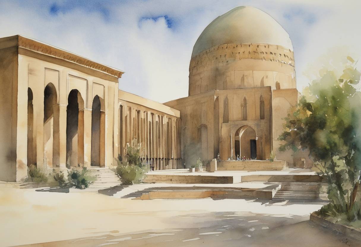 Watercolor painting based depiction of The National Museum of Iraq in Baghdad reopened to the public, symbolizing a cultural revival despite the ongoing challenges following the U.S. invasion in 2003. (2012)