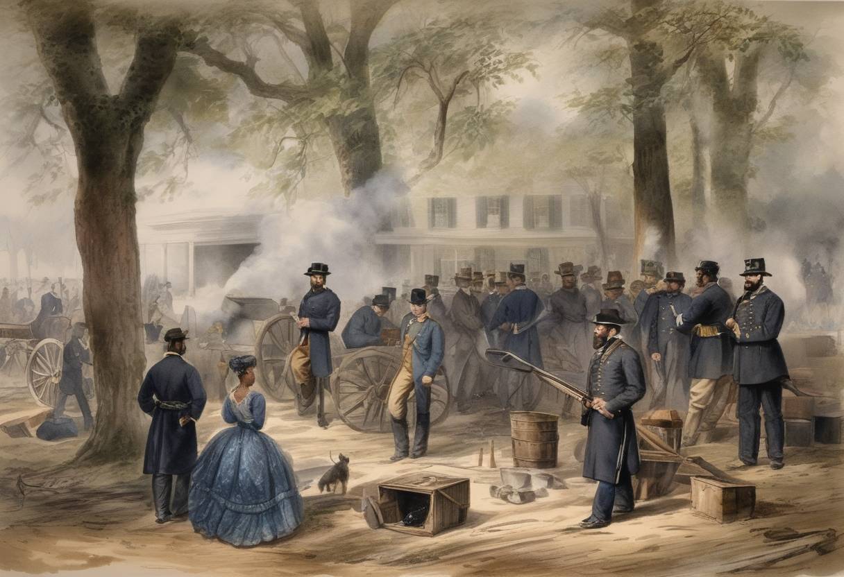 Watercolor painting based depiction of During the American Civil War, Union General William T. Sherman issues Field Order No. 15, which sets aside land for black families and former slaves. (1865)