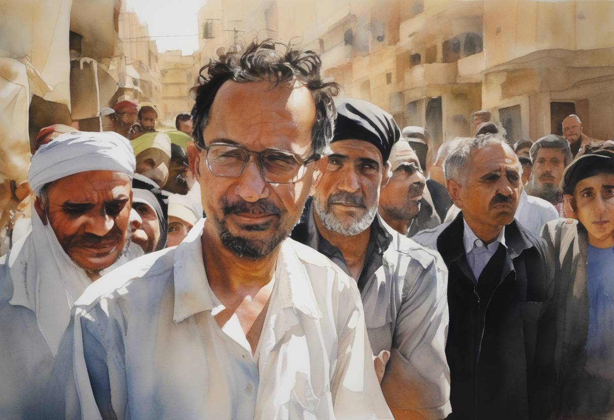 Watercolor painting based depiction of Libya freed six foreign medics, five Bulgarian nurses, and a Palestinian doctor who had been convicted of deliberately infecting Libyan children with HIV. Their release came after intense diplomatic negotiations. (2007)