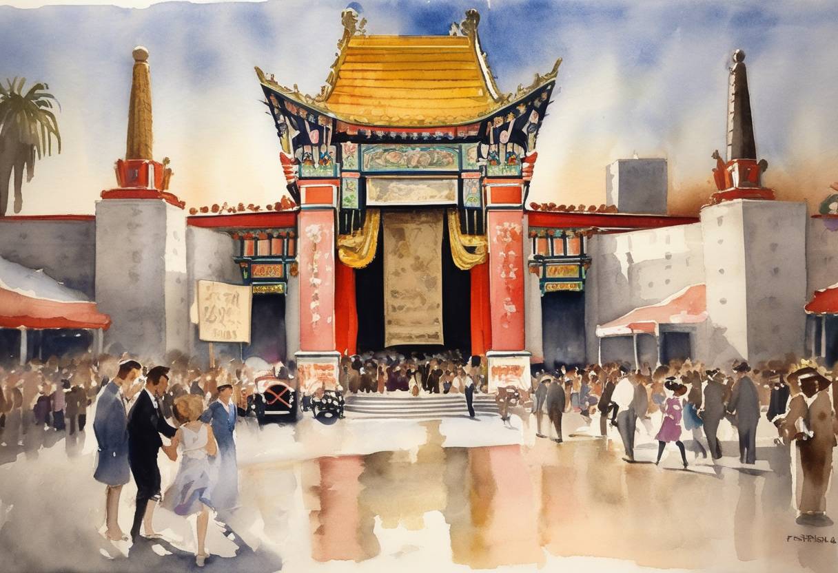 Watercolor painting based depiction of Douglas Fairbanks and Mary Pickford become the first celebrities to leave their footprints in concrete at Grauman's Chinese Theatre in Hollywood. (1927)