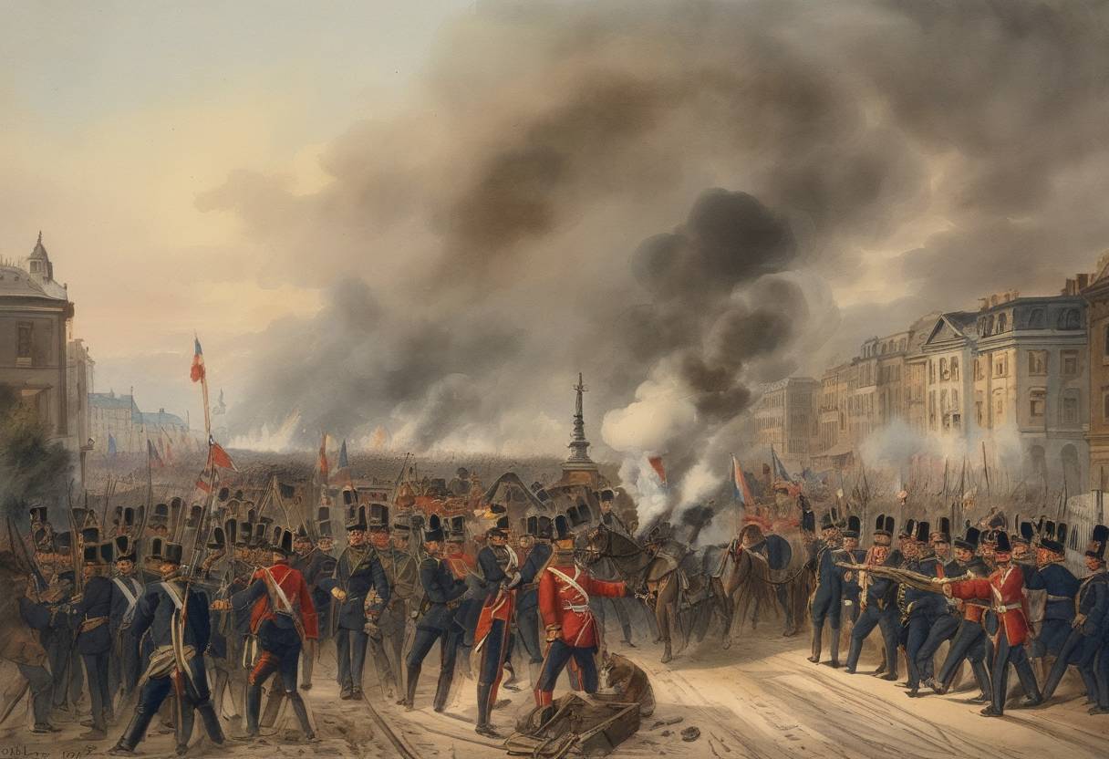 Watercolor painting based depiction of The Franco-Prussian War begins when France declares war on Prussia following the manipulation of the Ems Dispatch by Otto von Bismarck, which inflamed anti-French sentiment in Prussia. (1870)