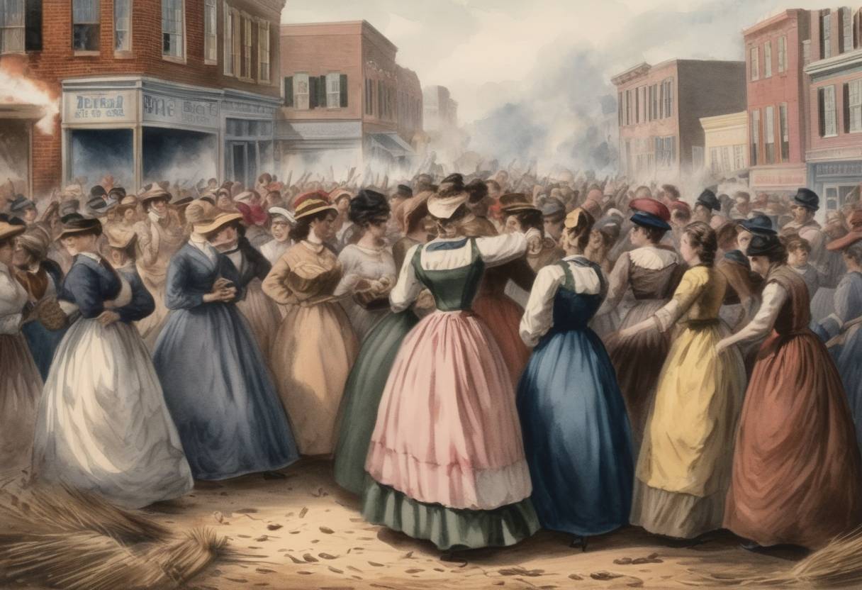 Watercolor painting based depiction of The Richmond Bread Riot takes place as hundreds of women in Richmond, Virginia, break into stores, protesting against the exorbitant prices and shortages during the American Civil War. (1863)