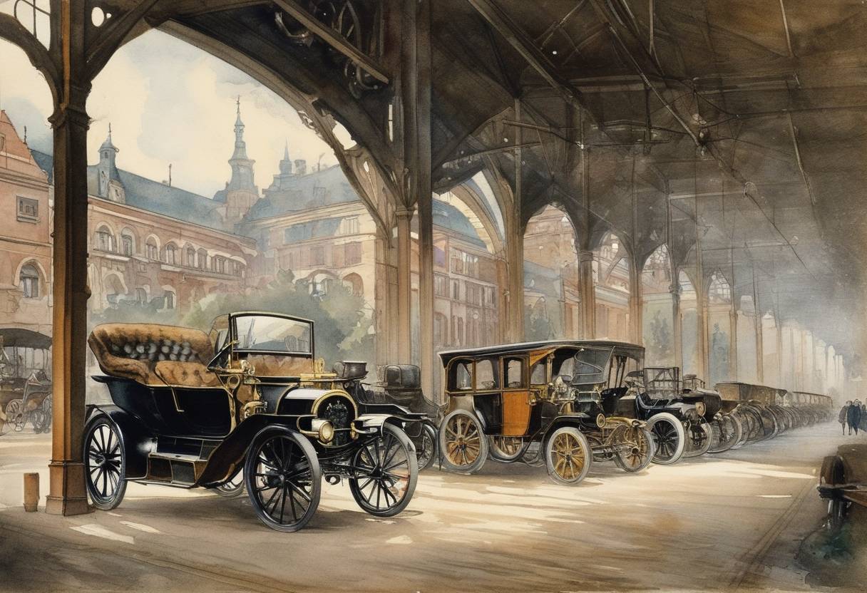 Watercolor painting based depiction of The Opel factory in Rüsselsheim, Germany, began automobiling production, marking the company's transition from bicycle manufacturing to automobile production. (1899)