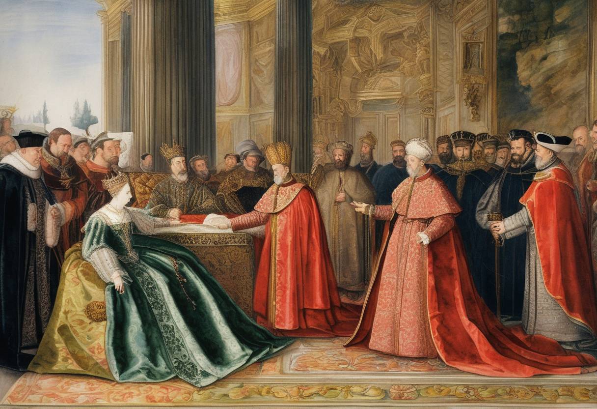 Watercolor painting based depiction of Mary I of England and Philip II of Spain were granted a papal dispensation by Pope Julius III to preserve Philip's claims to the English throne as consort. This political union was a strategic alliance aimed at strengthening Catholic influence in England. (1554)