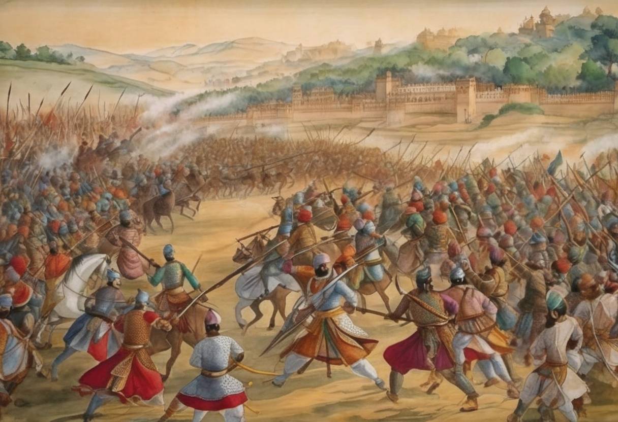 Watercolor painting based depiction of The Battle of Khanwa was fought near the village of Khanwa, India, between the forces of Babur, the first Mughal Emperor, and a Rajput confederation led by Rana Sanga of Mewar. (1526)
