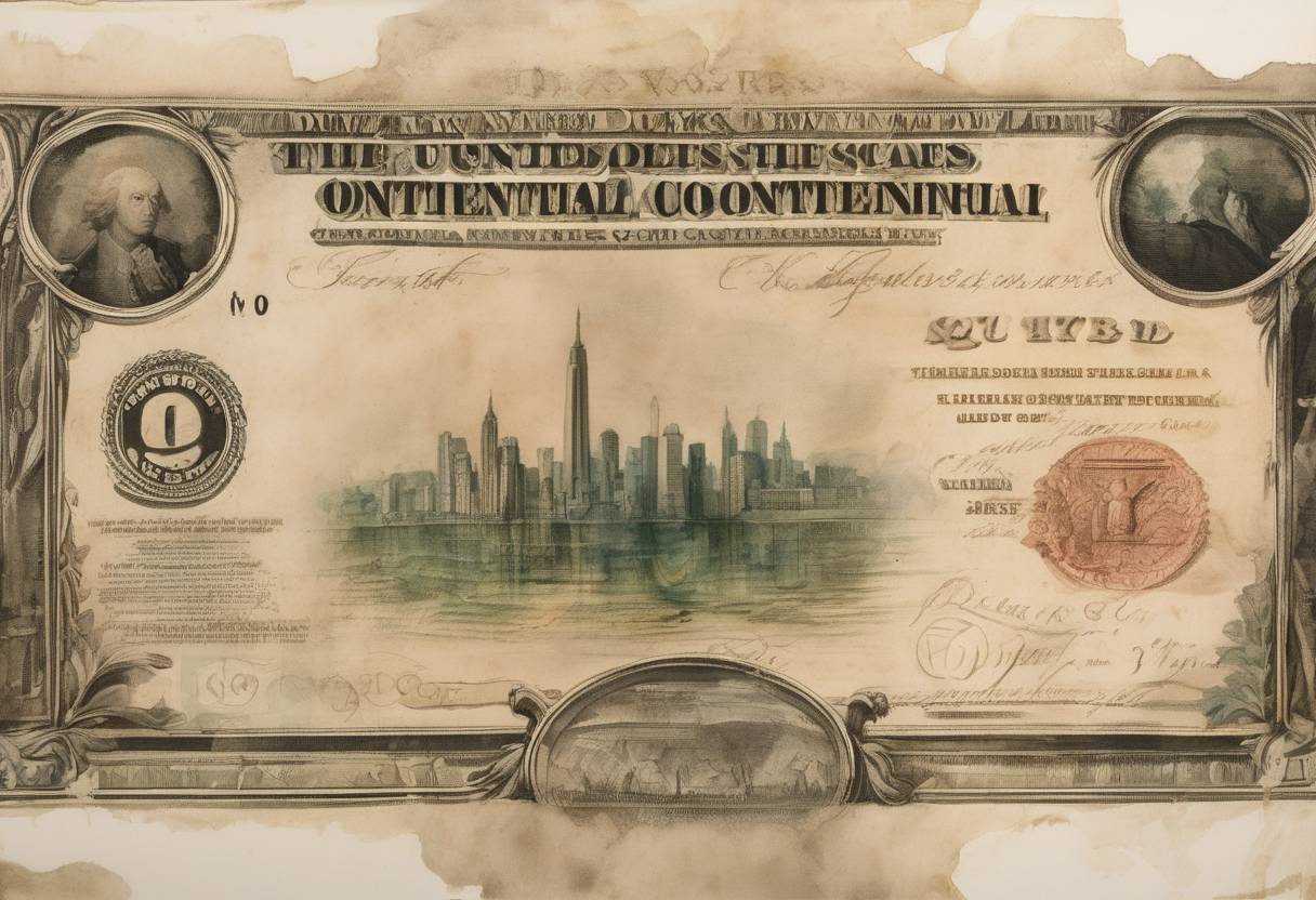 Watercolor painting based depiction of The dollar was unanimously chosen as the monetary unit for the United States by the Continental Congress. (1785)