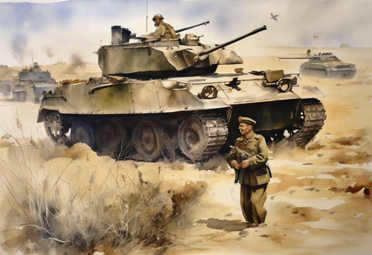 Watercolor painting based depiction of German and Italian forces in North Africa officially surrendered to the Allies, marking the end of the North African Campaign of World War II. (1943)