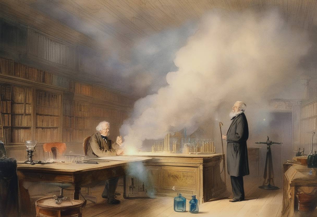 Watercolor painting based depiction of William Ramsey and Sir John William Strutt, known as Lord Rayleigh, jointly announced the discovery of a new element, argon, adding a new noble gas to the periodic table. (1895)