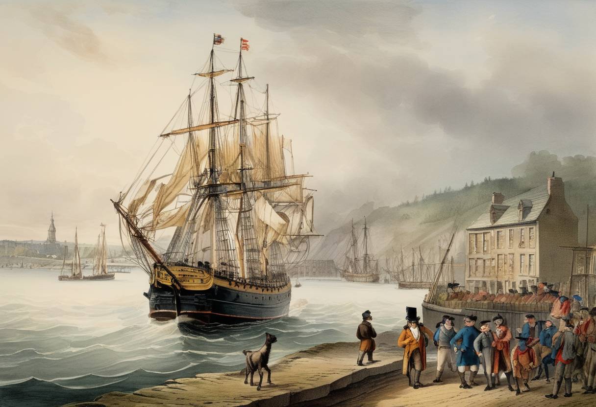 Watercolor painting based depiction of The immigrant ship HMS Chapman, transporting passengers from Cork, Ireland, arrived at Quebec City, Canada. This was a part of the broader wave of immigration to North America during the early 19th century, influenced by factors such as economic hardship and occasionally the promise of land or religious freedom. (1817)