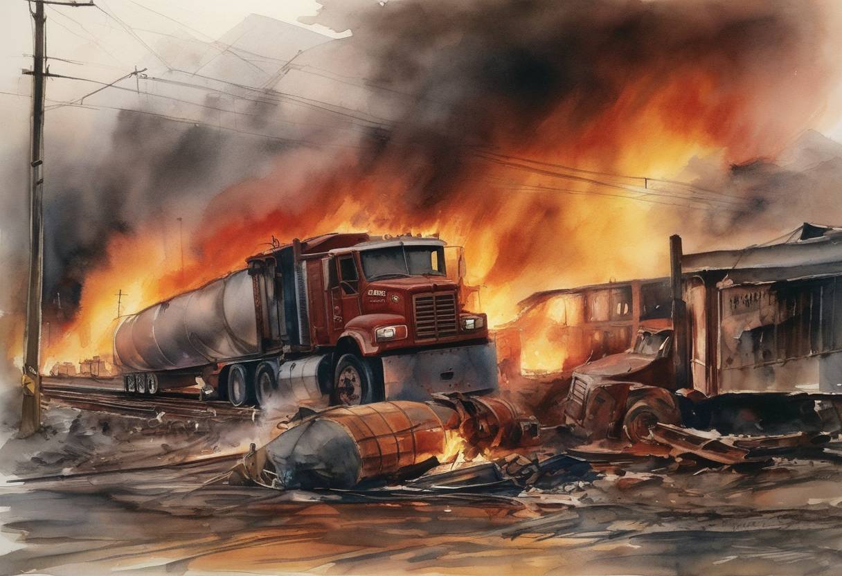 Watercolor painting based depiction of A tanker-truck and train collision occurs in Secaucus, New Jersey, resulting in a massive blaze. (1996)