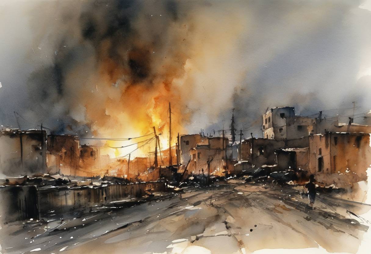 Watercolor painting based depiction of Damascus was struck by a pipeline explosion, resulting in significant fire damage and highlighting the vulnerabilities in Syria's energy infrastructure. (2000)