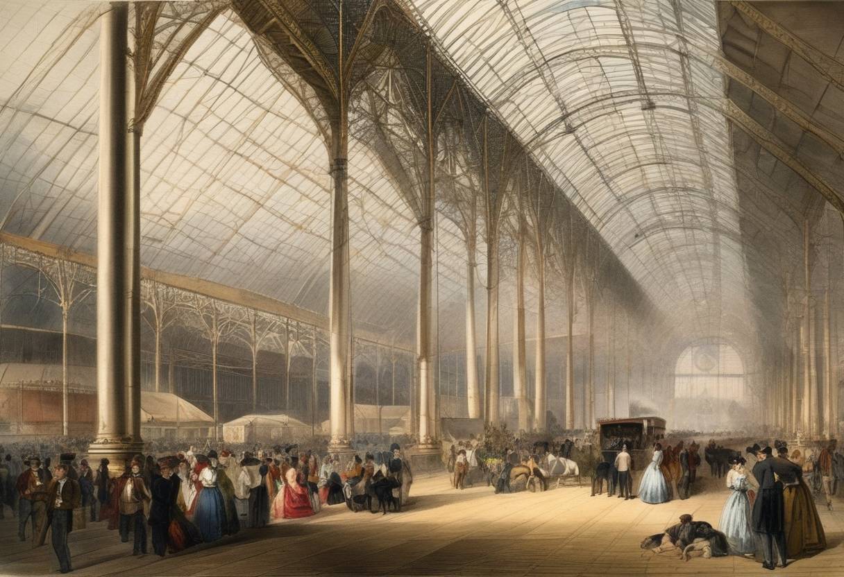 Watercolor painting based depiction of The Great Exhibition of the Works of Industry of All Nations, also known as The Great Exhibition or the Crystal Palace Exhibition, opens in London. It was the first international exhibition of manufactured products. (1851)