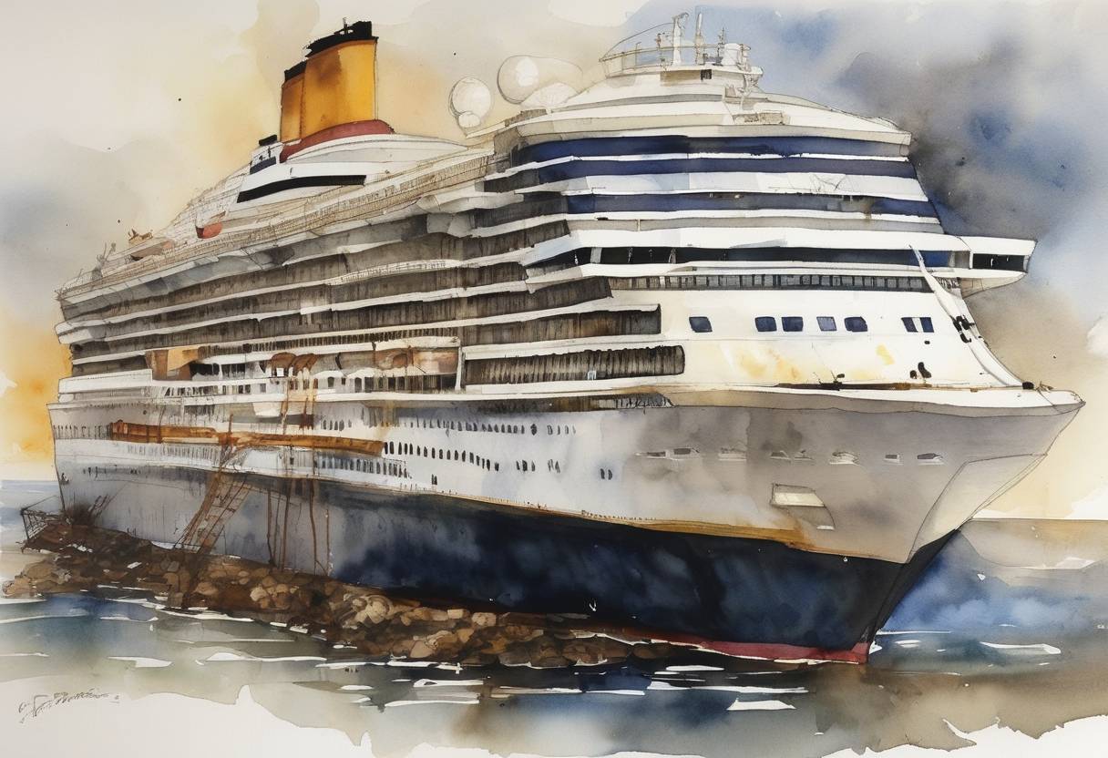 Watercolor painting based depiction of The Italian luxury liner Costa Concordia, which had capsized off the coast of Tuscany on January 13, was declared a 'total loss' by the owners. The salvage operation was one of the largest in naval history, and the event continued to have legal and environmental repercussions. (2012)
