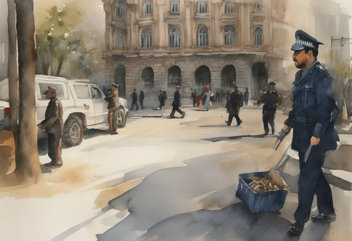 Watercolor painting based depiction of Azerbaijan's Interior Ministry carries out a series of raids on Baku-based companies allegedly involved in human trafficking. (2009)