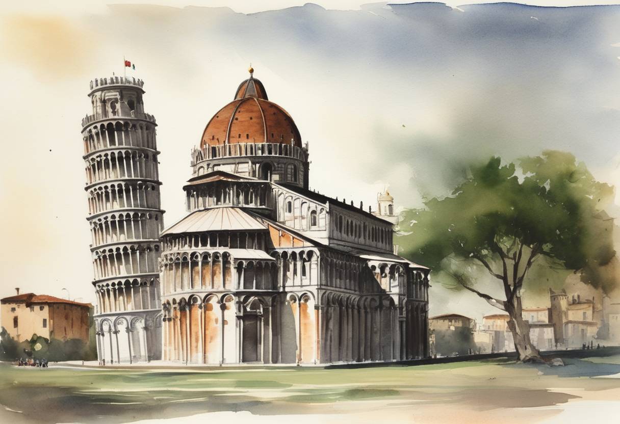 Watercolor painting based depiction of The Italian government asked for help to keep the Leaning Tower of Pisa from toppling over entirely. (1964)