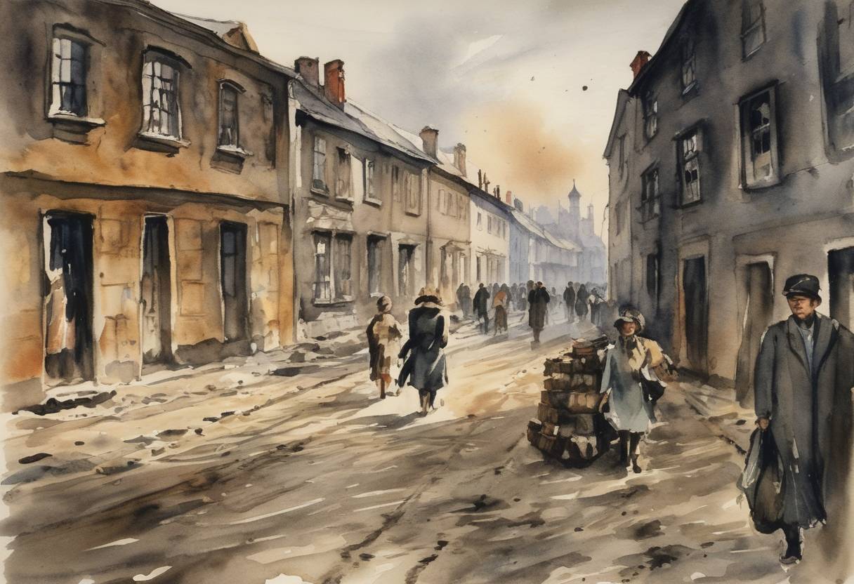 Watercolor painting based depiction of The Kraków Ghetto in Nazi-occupied Poland was 'liquidated,' with thousands of Jews rounded up and deported to the Płaszów concentration camp or killed. (1943)