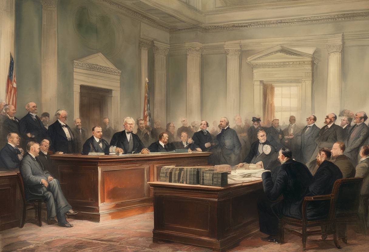 Watercolor painting based depiction of The Sherman Antitrust Act was passed by the United States Congress, aimed at preventing monopolistic practices. (1890)