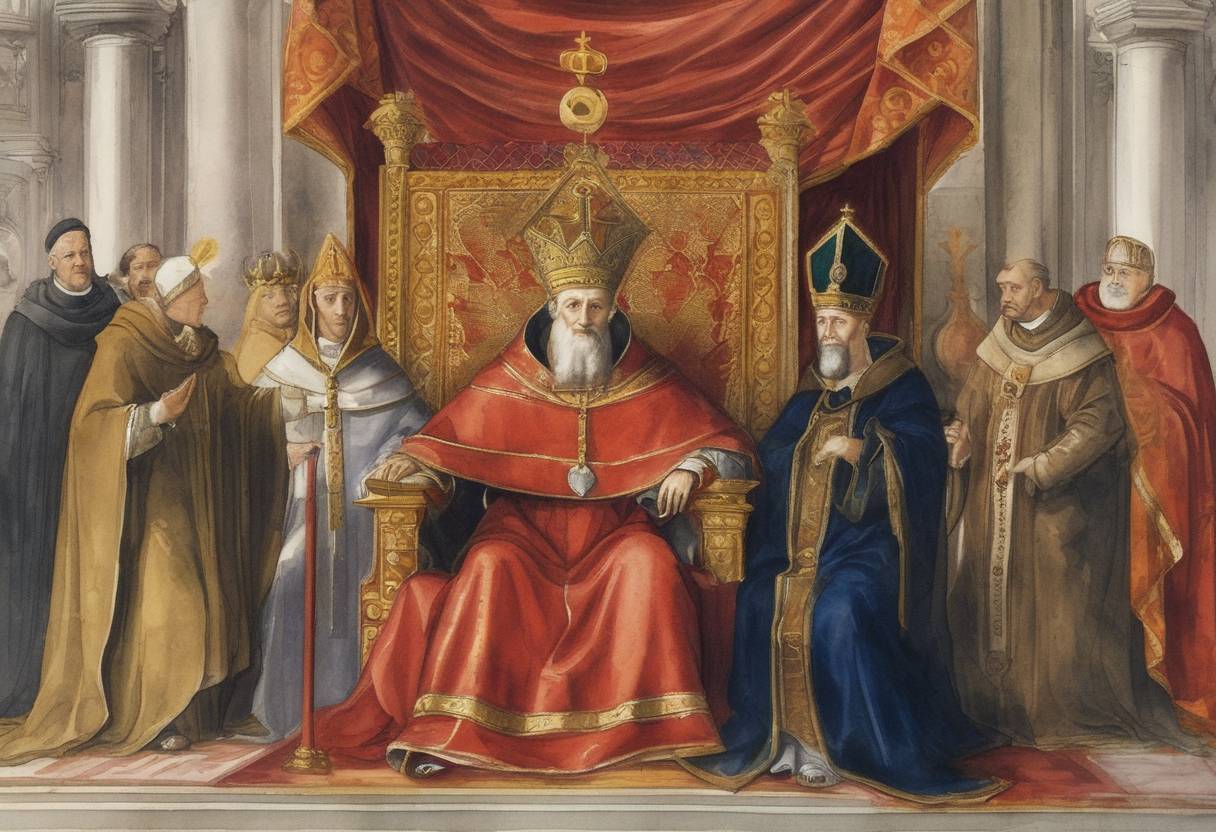 Watercolor painting based depiction of Antipope Nicholas V was enthroned as an antipope against Pope Clement V by the Holy Roman Emperor, Henry VII. Known as Pietro Rainalducci, Nicholas V was a Franciscan friar who became a rival claimant to the papacy during the Avignon Papacy period. (1309)