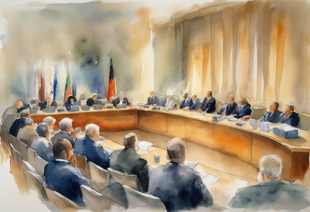Watercolor painting based depiction of The International Criminal Court (ICC) held its inaugural session. The ICC is established to help end impunity for perpetrators of the most serious crimes of concern to the international community. (2003)