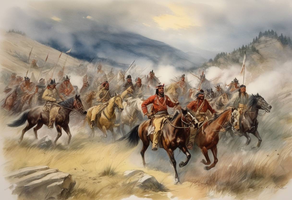 Watercolor painting based depiction of Crazy Horse and his warriors fought their last battle against the US Cavalry at Wolf Mountain, in the Montana Territory during the Great Sioux War of 1876. (1877)