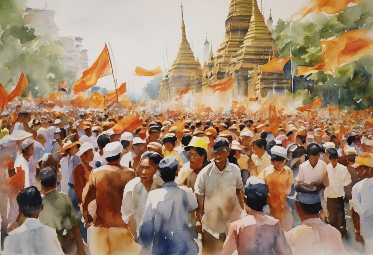 Watercolor painting based depiction of The Saffron Revolution's largest protest in Myanmar, with over 10,000 demonstrators, takes place. The protests marked a significant challenge to the military junta. (2005)