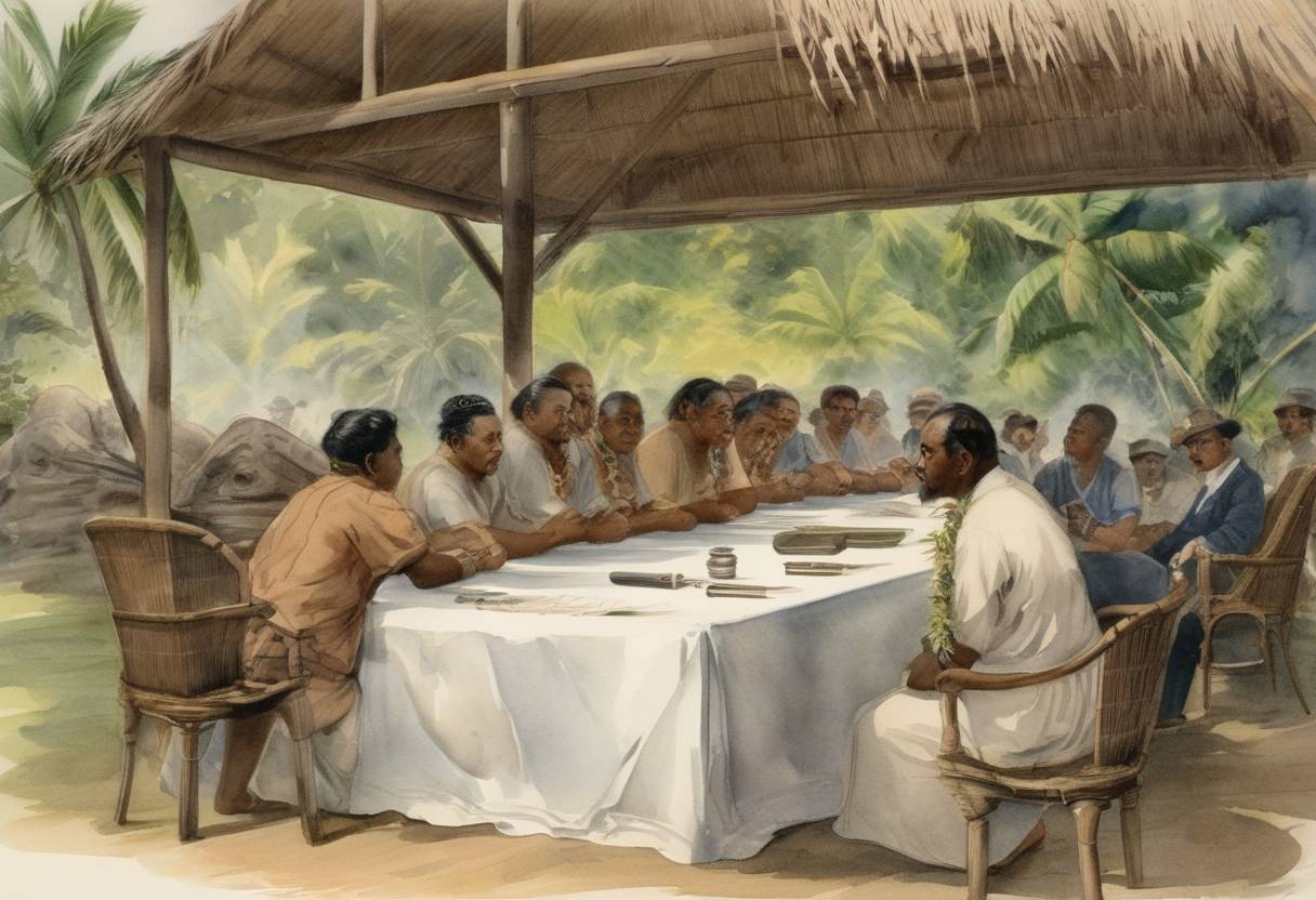 Watercolor painting based depiction of A peace treaty was signed in Samoa during the height of the Second Samoan Civil War, temporarily halting open hostilities between competing Samoan factions and their colonial backers from Germany, the United States, and the United Kingdom. (1899)