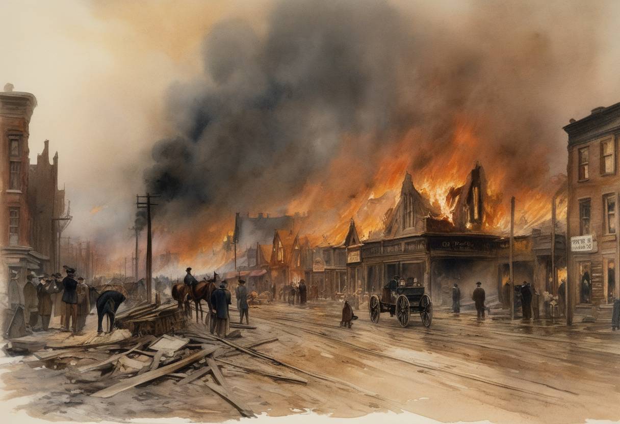 Watercolor painting based depiction of The Great Toronto Fire of 1904 destroyed a significant portion of Toronto's downtown, leaving thousands homeless and causing millions of dollars in damages. (1904)
