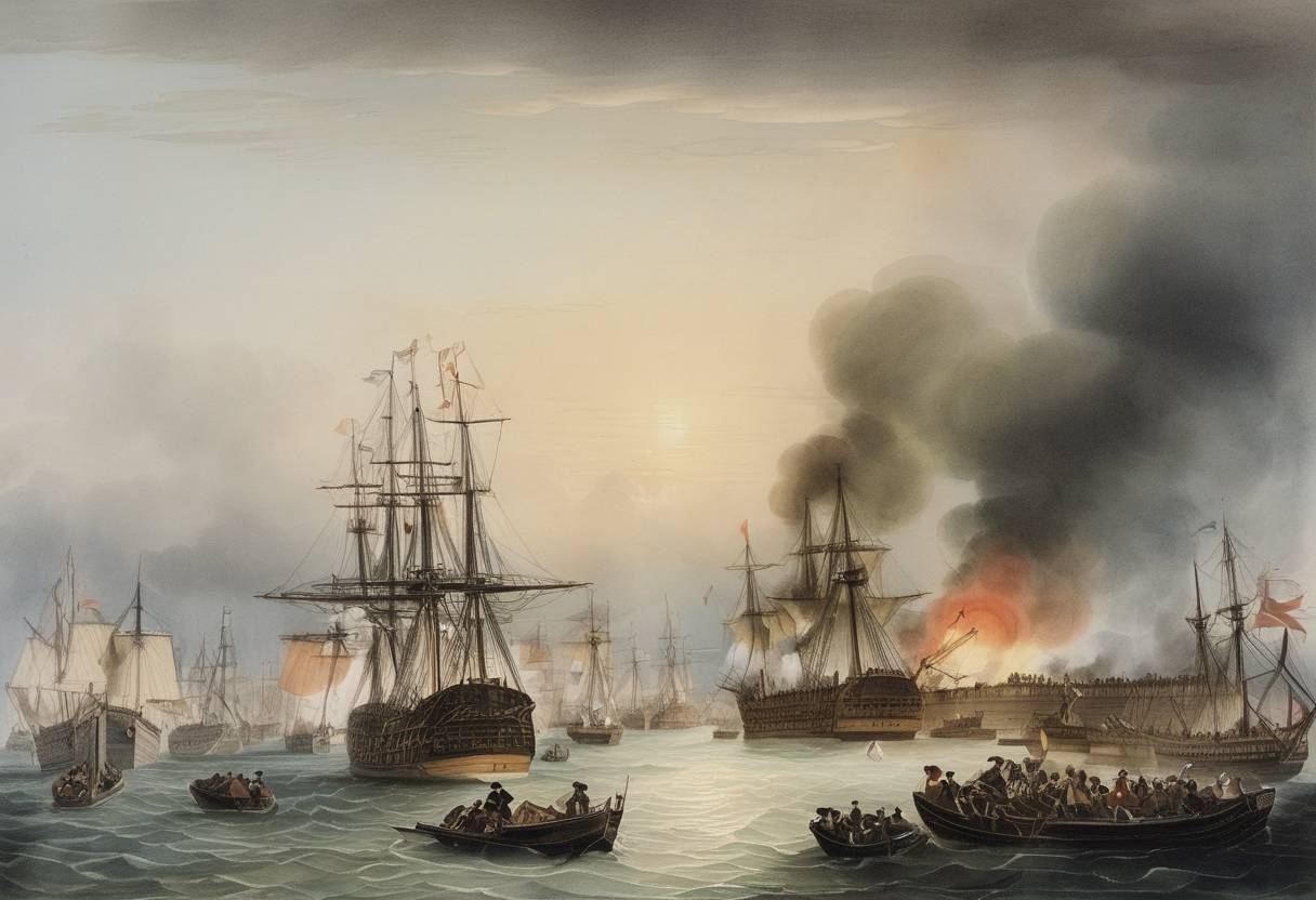 Watercolor painting based depiction of A British naval force began bombarding Copenhagen, leading to the Second Battle of Copenhagen. (1807)