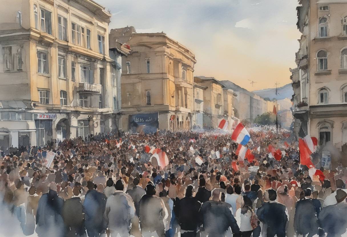 Watercolor painting based depiction of A series of demonstrations, known as 'March for Justice,' took place in Tbilisi, Georgia, expressing dissatisfaction with government policies and the perceived corruption surrounding the presidential elections. (2018)