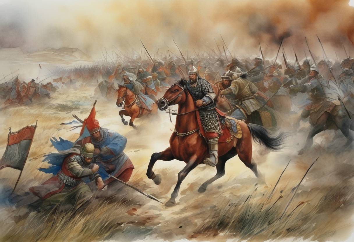 Watercolor painting based depiction of The Battle of Sit River took place where the Mongol Empire under Batu Khan defeated the forces of Yuri II of Vladimir, during the Mongol invasion of Rus'. (1238)