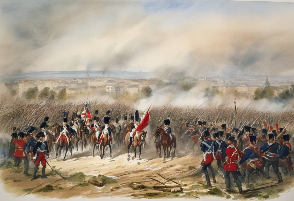 Watercolor painting based depiction of The Battle of Montereau was fought between Napoleonic forces and a coalition led by Austria during the War of the Sixth Coalition. (1814)