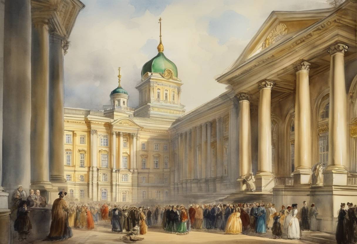 Watercolor painting based depiction of Tsarina Elizabeth of Russia establishes the Moscow University, later known as Lomonosov Moscow State University, one of the most prestigious universities in Russia. (1755)