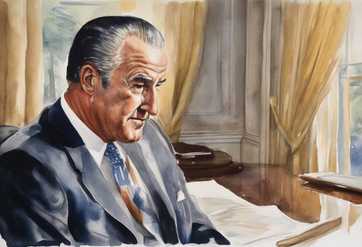 Watercolor painting based depiction of The Vice President of the United States, Spiro Agnew, resigns after being charged with tax evasion following investigations of political corruption throughout his career. This resignation marks the first time a U.S. Vice President leaves office due to criminal charges. (1973)