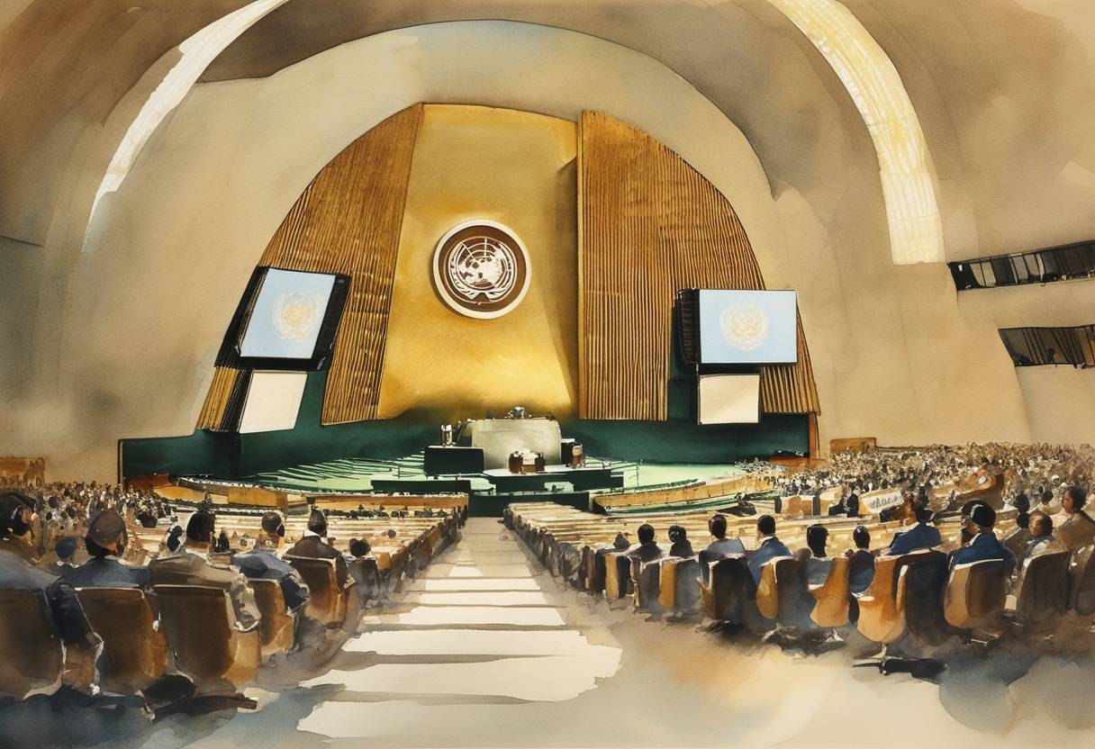 Watercolor painting based depiction of United Nations General Assembly ratifies the former Spanish colony of Equatorial Guinea's admission to the UN, following the end of colonial rule. (1971)