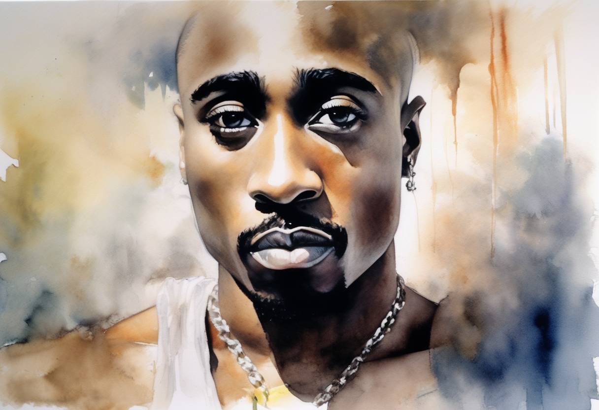 Watercolor painting based depiction of Tupac Shakur, influential American rapper, dies from injuries sustained in a Las Vegas drive-by shooting. (1996)