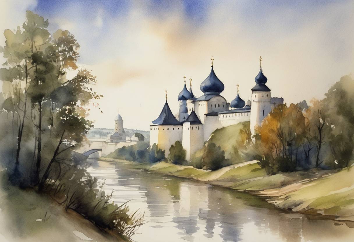 Watercolor painting based depiction of After a protracted conflict over leadership, Pskov (a historic city in Russia near the Estonian border) struck a deal to place itself under the protection of Grand Duke Vytautas of Lithuania. This move came amid a tumultuous period of feudal fragmentation and competition for influence in Eastern Europe. (1387)