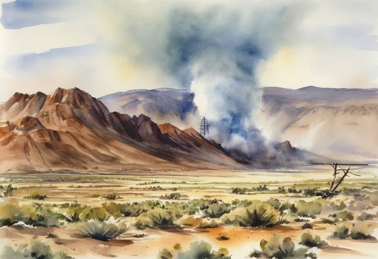 Watercolor painting based depiction of The first underground nuclear test, code-named 'Rainier', is conducted at the Nevada Test Site in the United States. (1957)