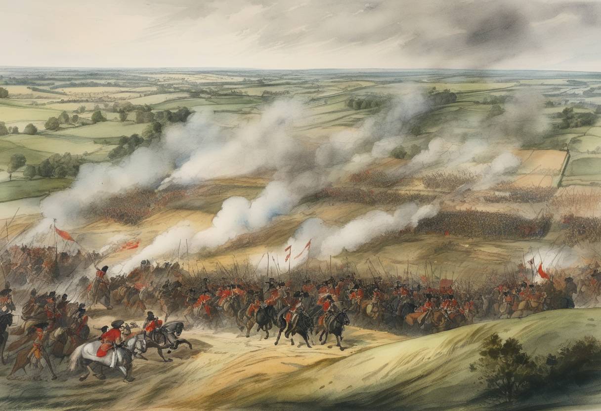 Watercolor painting based depiction of The Battle of Winceby occurred, a decisive engagement of the First English Civil War, leading to a victory for the Parliamentarians and opening the way for their control over Lincolnshire. (1645)