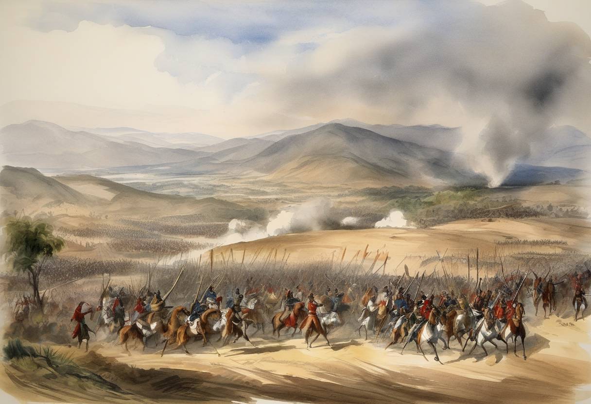 Watercolor painting based depiction of An army of 3,000 British and Indian troops, led by Sir Robert Napier, attack the fortress of Magdala, defeating Emperor Tewodros II during the British Expedition to Abyssinia. (1868)