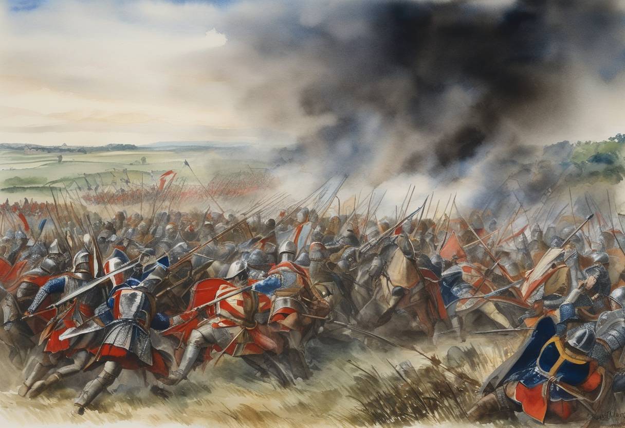 Watercolor painting based depiction of The Battle of Poitiers, one of the pivotal battles of the Hundred Years' War, took place on this day. The English forces, led by Edward, the Black Prince, defeated a significantly larger French army under King John II of France. This victory for the English was marked by the capture of King John II, leading to political upheaval in France and eventually the Treaty of Brétigny. (1356)