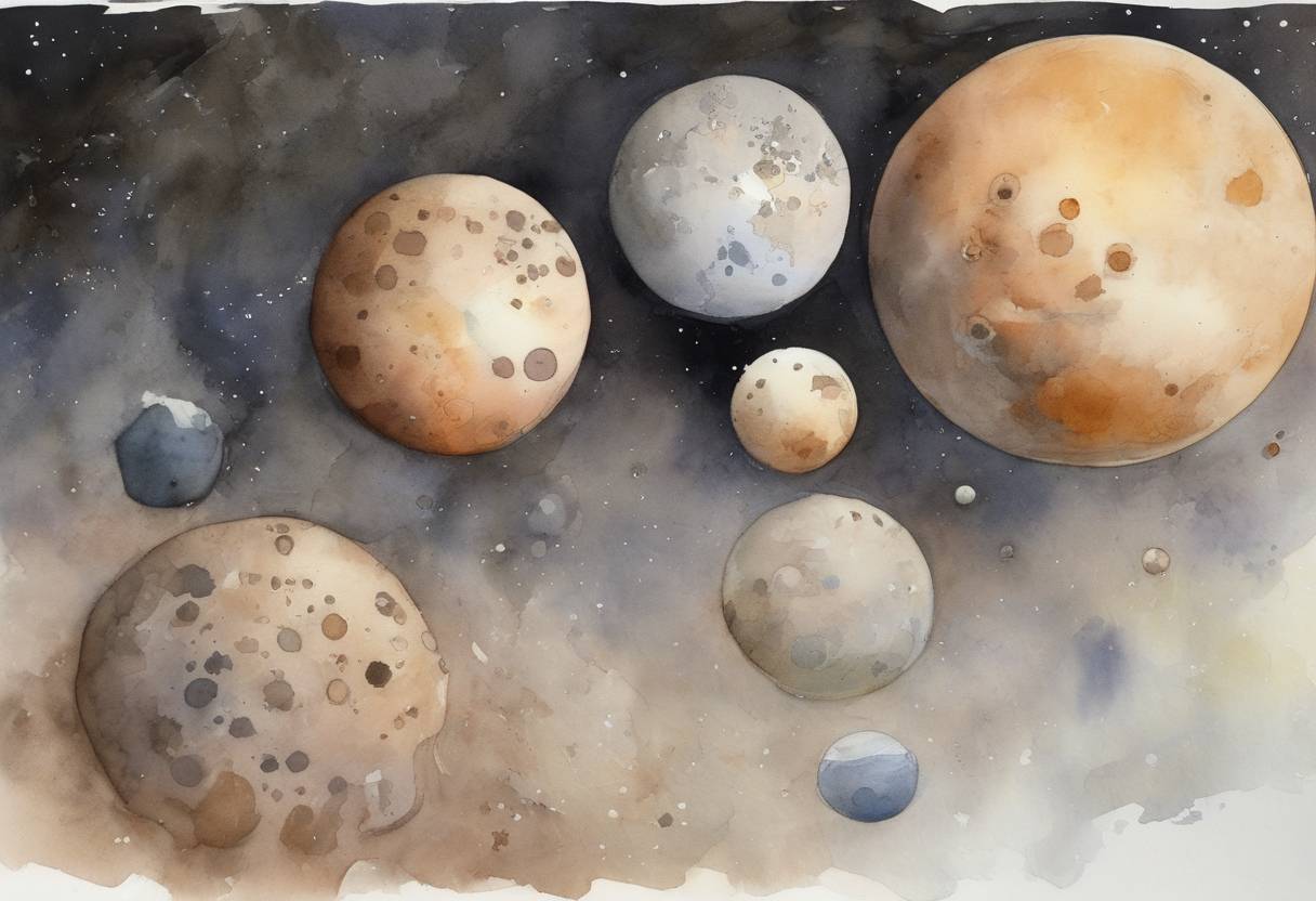 Watercolor painting based depiction of Pluto's newly discovered moons, Nix and Hydra, are officially named by the International Astronomical Union. (2006)