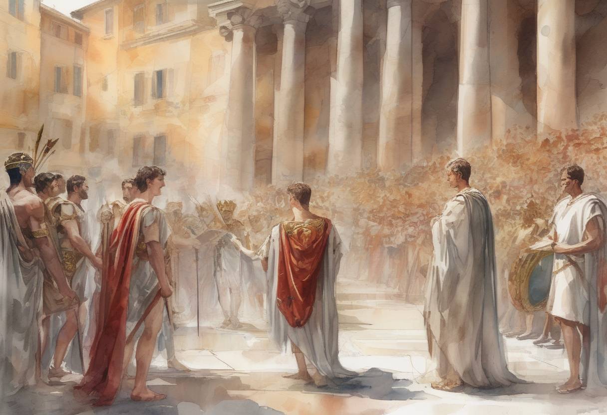 Watercolor painting based depiction of Caligula accepts the titles of the Principate, marking the beginning of his reign as Roman Emperor. (38)