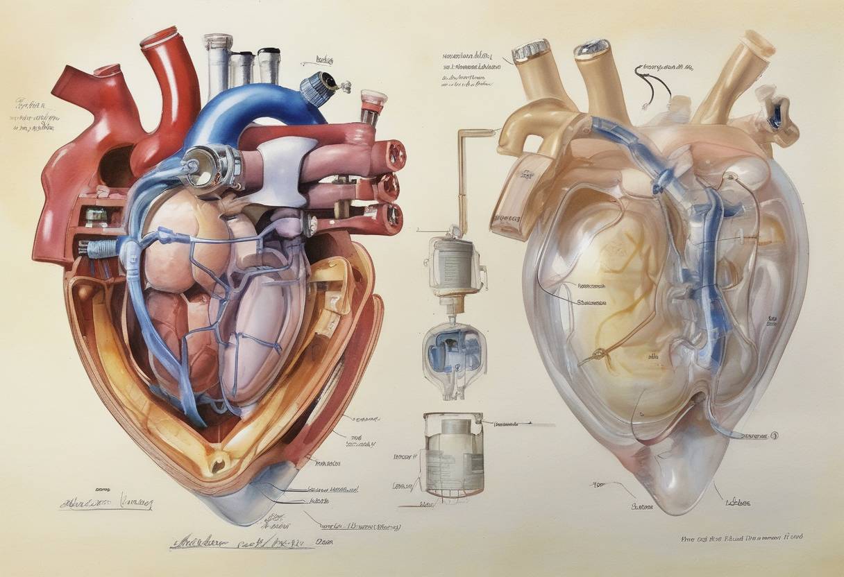 Watercolor painting based depiction of The world's first self-contained artificial heart, the AbioCor, was implanted in a patient at Jewish Hospital in Louisville, Kentucky. (2001)